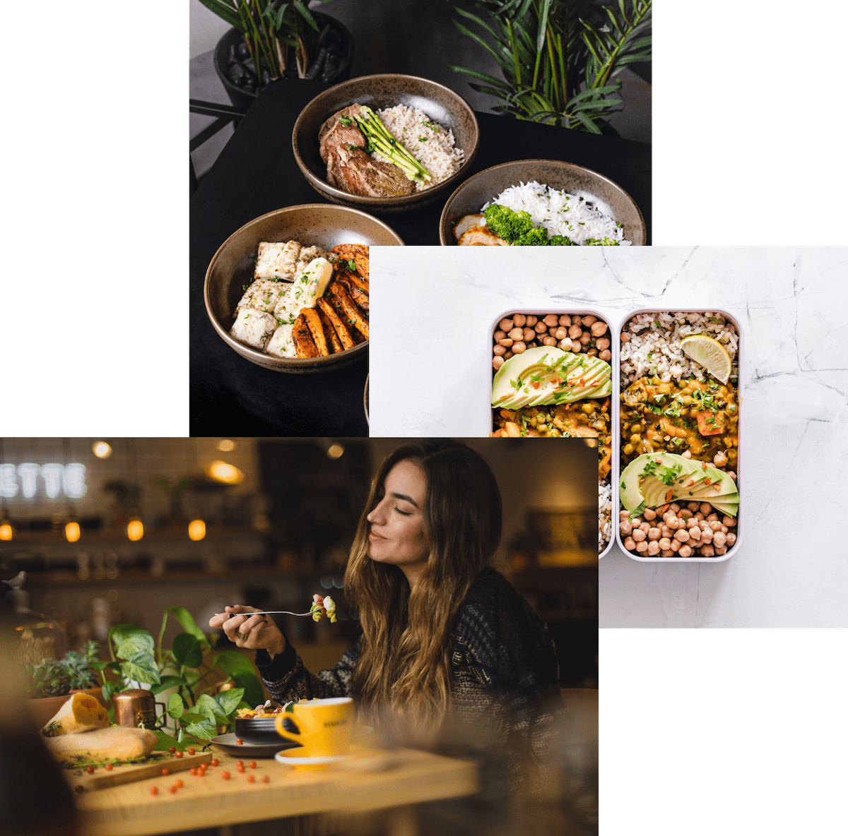 Woman enjoying food, meals in storage contianer, and food bowls on a table